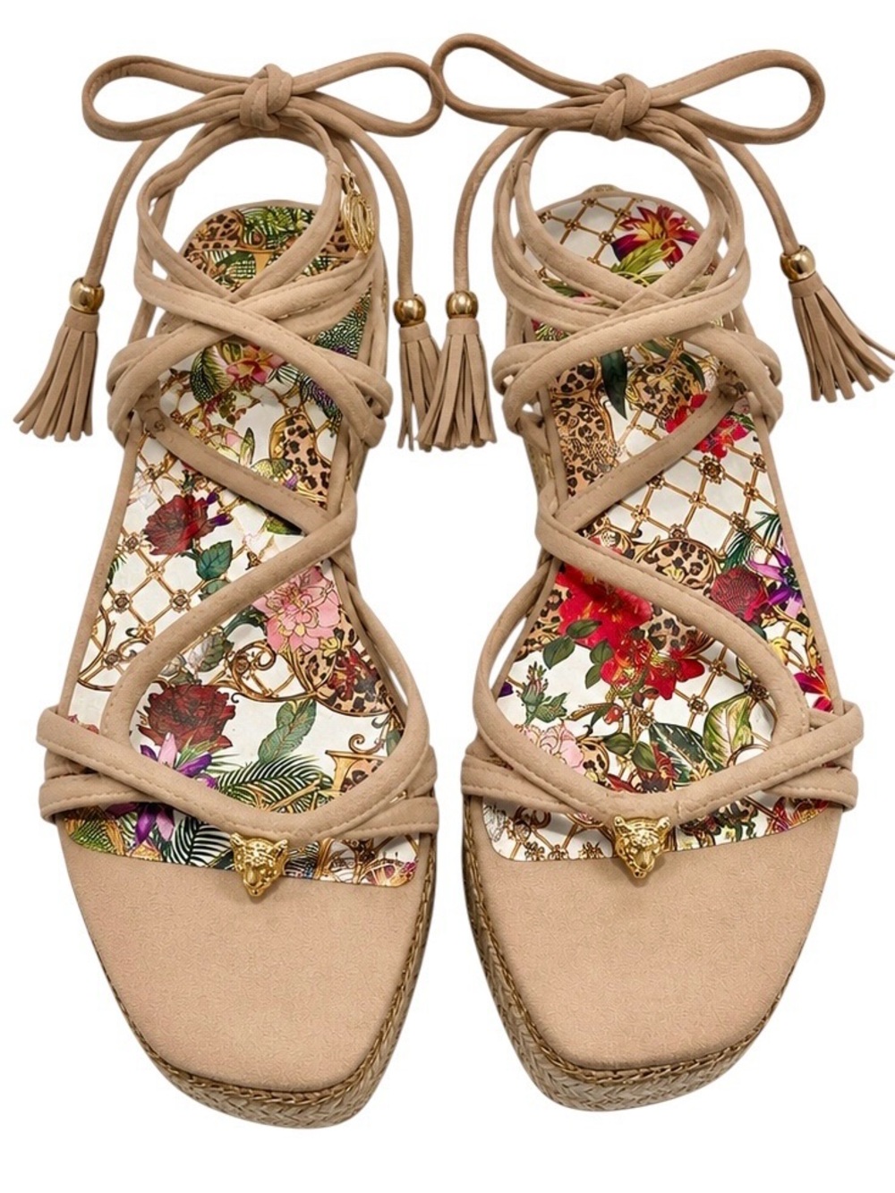 Camilla Colorful Wrap Fair Verona Lace Up Espadrille Wedge Sandals Gold Charm